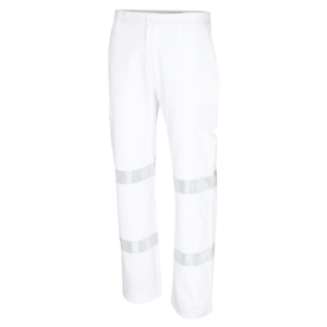 重量级棉钻白色货物裤带有生物运动胶带图案